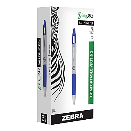 Zebra® Pen Z-Grip® Max Retractable Ballpoint Pens, Pack Of 12, Medium Point, 1.0 mm, Gray/Blue Barrel, Blue Ink