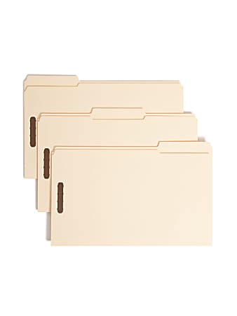 Smead® Reinforced Tab Fastener Folders With Two Fasteners, 1/3-Cut Tab, 8 1/2" x 14", Legal, Manila, Box of 50 (19537)
