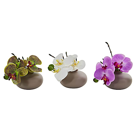 Nearly Natural Phalaenopsis Orchid 7”H Artificial Floral Arrangements With Planter, 7”H x 6-1/2”W x 5-1/2”D, Multicolor, Set Of 3