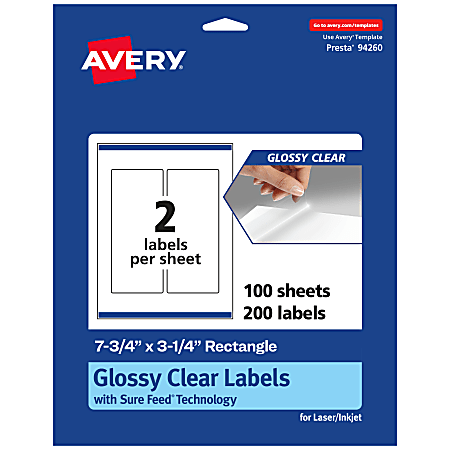 Avery® Glossy Permanent Labels With Sure Feed®, 94260-CGF100, Rectangle, 7-3/4" x 3-1/4", Clear, Pack Of 200