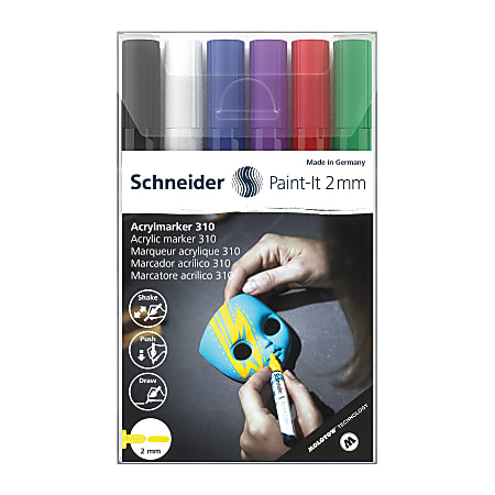 Schneider Paint-It 310 Acrylic Markers, 2 mm Bullet Tip, Assorted Ink Colors, Pack Of 6 Markers