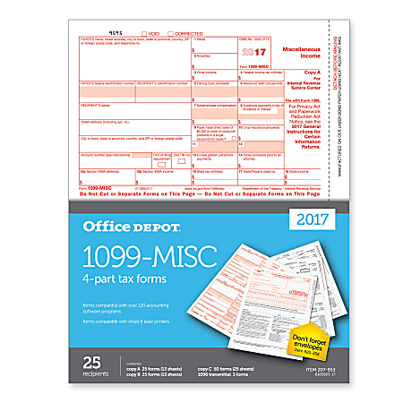 Office Depot® Brand 1099-MISC Tax Forms For 2017 Tax Year, 2-Up, 4-Part, 8 1/2" x 11", Pack Of 25 Forms