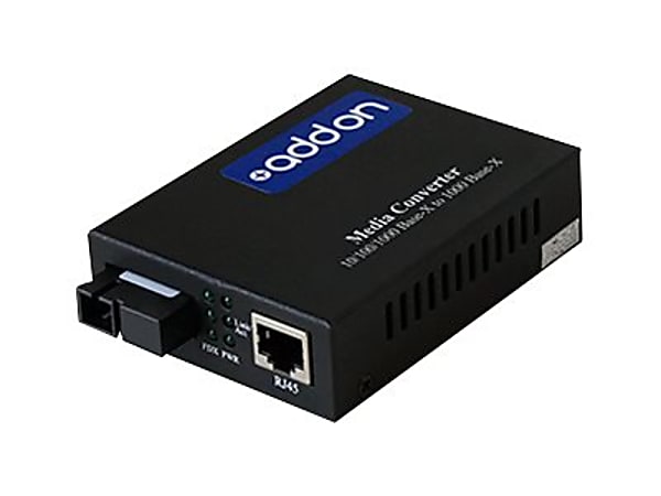 AddOn 1Gbs 1 RJ-45 to 1 SC Media Converter - Fiber media converter - GigE - 10Base-T, 1000Base-TX, 100Base-TX, 1000Base-BX-D - RJ-45 / SC single-mode - up to 37.3 miles - 1550 (TX) / 1490 (RX) nm
