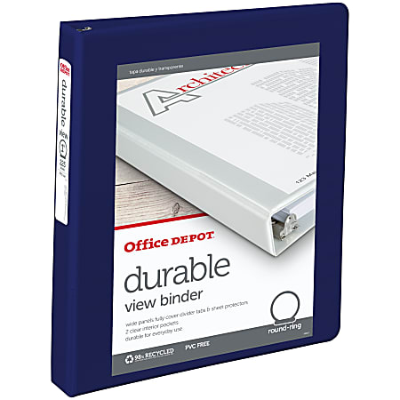 Office Depot® Brand Durable View 3-Ring Binder, 1" Round Rings, 49% Recycled, Blue