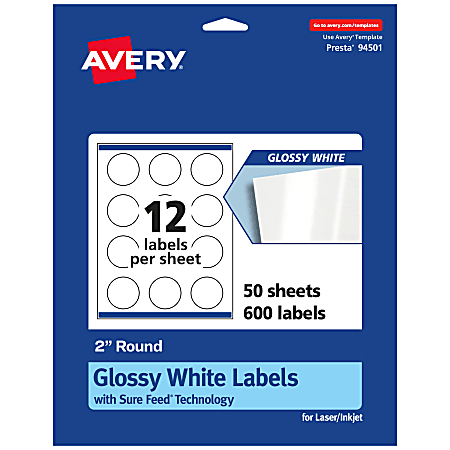 Avery® Glossy Permanent Labels With Sure Feed®, 94501-WGP50, Round, 2" Diameter, White, Pack Of 600