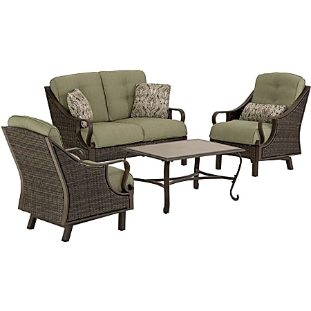 Hanover Ventura 4-Piece Seating Set in Vintage Meadow - VENTURA4PC - 49" x 31" x 35.5" Loveseat, 32" x 26.5" x 34" Chair, 35.5" x 25" x 18.5" Coffee Table - Material: Woven, Olefin, Steel Frame, Aluminum Frame, Plush Cushion, Tile Upholstery