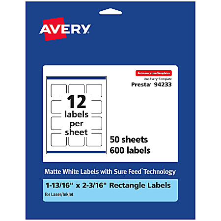 Avery® Permanent Labels With Sure Feed®, 94233-WMP50, Rectangle, 1-13/16" x 2-3/16", White, Pack Of 600