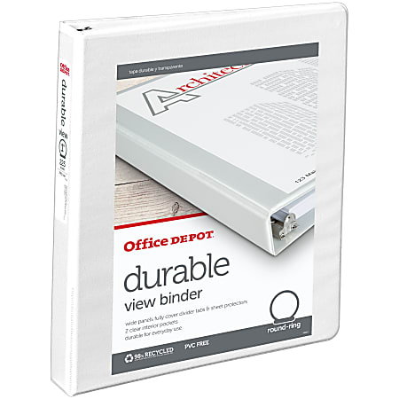 Office Depot® Brand Durable View 3-Ring Binder, 1" Round Rings, 49% Recycled, White