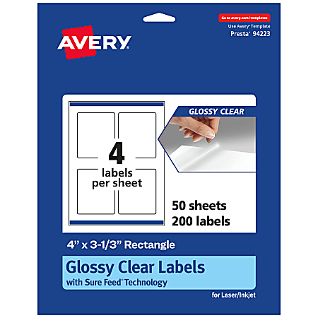 Avery® Glossy Permanent Labels With Sure Feed®, 94223-CGF50, Rectangle, 4" x 3-1/3", Clear, Pack Of 200