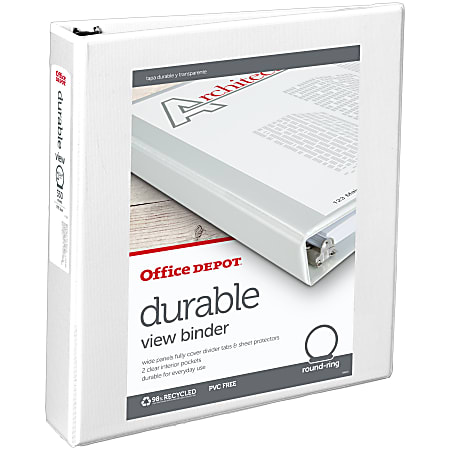 Office Depot® Brand Durable View 3-Ring Binder, 1 1/2" Round Rings, 49% Recycled, White