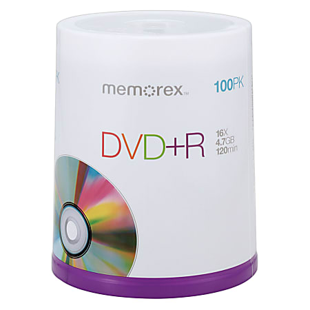 Memorex™ DVD+R Recordable Media Spindle, 4.7GB/120 Minutes, Pack Of 100