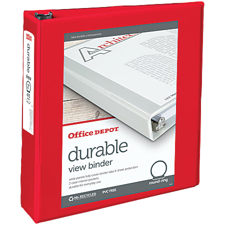 Office Depot® Brand Durable View 3-Ring Binder, 2" Round Rings, 49% Recycled, Red