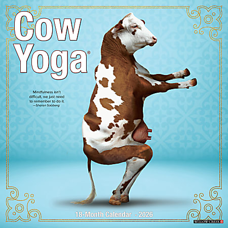 2026 Willow Creek Press Animals Monthly Wall Calendar, 12" x 12", Cow Yoga, January To December, 50873