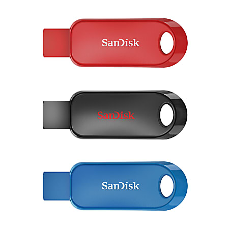 SanDisk® Cruzer Snap USB Flash Drives Pack of 3, 32GB, Black, Blue, Red