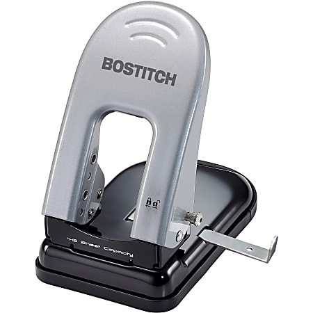 Bostitch EZ Squeeze 40 Two Hole Punch  2 Punch Head(s)  40 Sheet Capacity  9/32" Punch Size  6.5" x 2.8"  Black, Silver