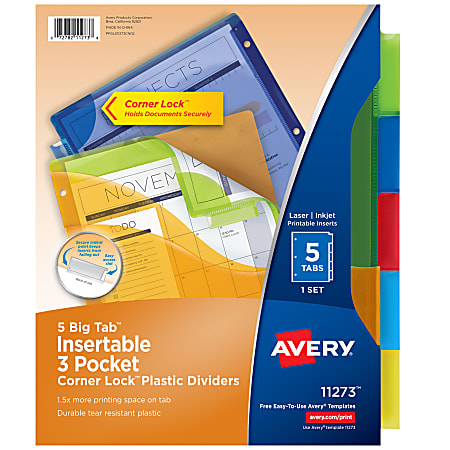 Avery® Dividers for 3 Ring Binders, 5-Tab Binder Dividers, Three-Pocket Plastic Binder Dividers with Corner Lock, Insertable Big Tab™, Multicolor, 1 Set (11273)