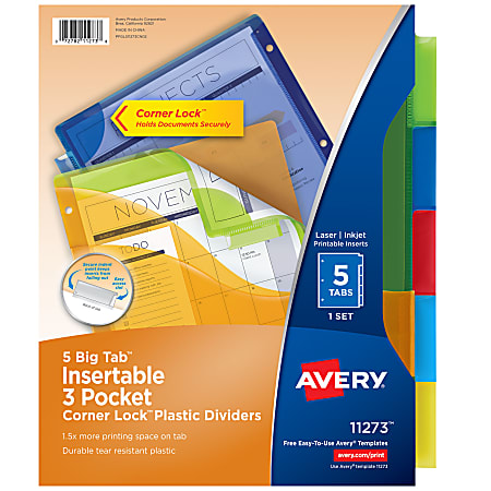 Avery&reg; Dividers for 3 Ring Binders, 5-Tab Binder Dividers, Three-Pocket Plastic Binder Dividers , Multicolor, 1 Set