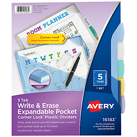 Avery® Corner Lock Write & Erase Plastic Dividers With Expandable Pockets, 9-1/4" x 11-1/4", Multicolor, Set Of 5 Tabs
