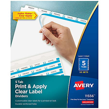 Avery® Customizable Index Maker® Dividers for 3 Ring Binder, Easy Print & Apply Clear Label Strip, 5 Tab, White, Box Of 50 Sets