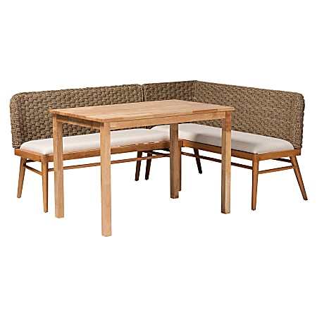 bali & pari Denver Natural Seagrass And Acacia Wood 3-Piece Dining Nook Set, 32-3/4”H x 73-1/4”W x 57-15/16”D, Brown/White/Natural