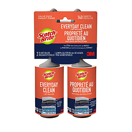 Scotch-Brite™ Everday Clean Lint Roller, 2 Pack, 140 Adhesive Sheets Total, Lint Remover for Pet Hair, Dark Clothes, Furniture, and Dusty Surfaces