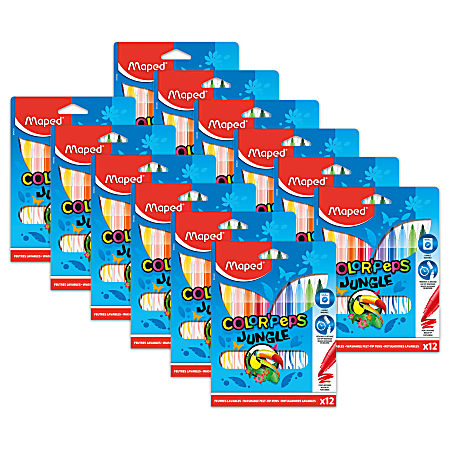 Maped Color'Peps Ultrawashable Markers, Fine Tip, Jungle, 12 Markers Per Pack, Set Of 12 Packs