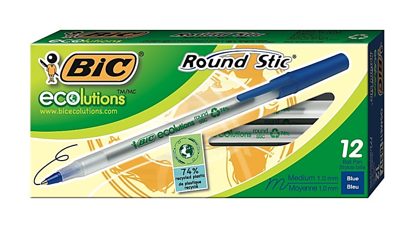 BIC ECOluctions Recycled Stick Medium Point Ballpoint Pens, 12 Blue Ink Pens