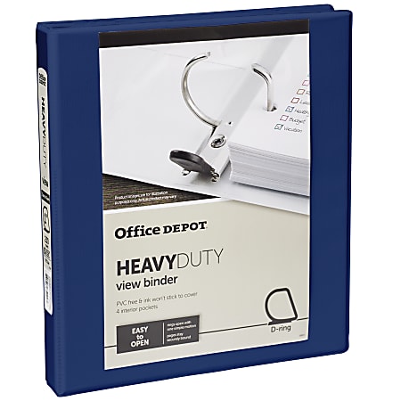 Office Depot® Heavy-Duty View 3-Ring Binder, 1" D-Rings, 49% Recycled, Navy