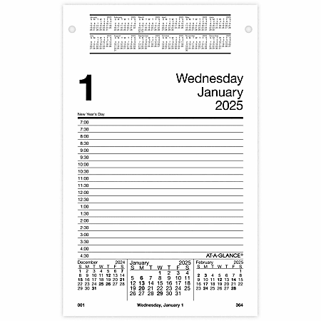 At-A-Glance Daily Pad-Style Desk Calendar Refill - Julian Dates - Daily - 1 Year - January 2022 till December 2022 - 7:00 AM to 4:30 PM - Half-hourly - 1 Day Single Page Layout - 5" x 8" Sheet Size - Desktop - White - Refillable - 1 Each