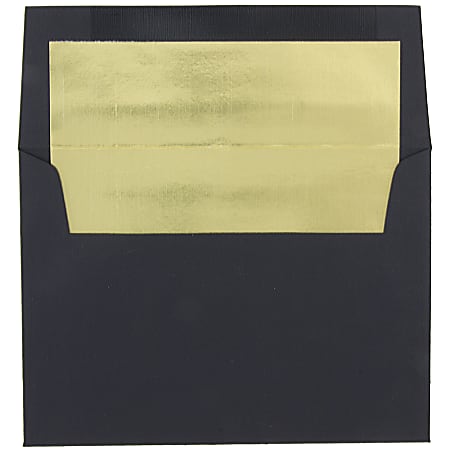 JAM Paper® Foil-Lined Booklet Invitation Envelopes, A7, 5 1/4" x 7 1/4", 30% Recycled, Black/Gold, Pack Of 25