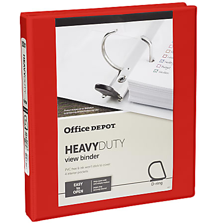 Office Depot® Brand Heavy-Duty View 3-Ring Binder, 1" D-Rings, 49% Recycled, Red