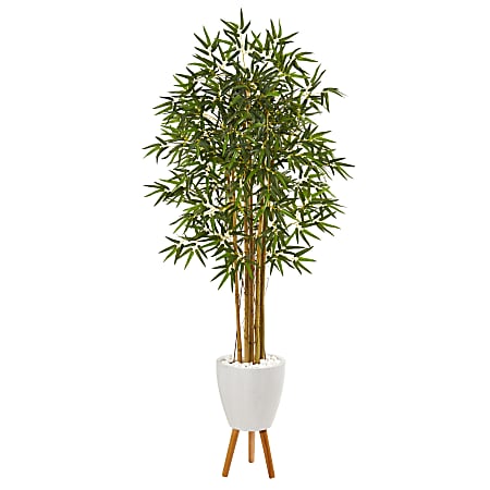 Nearly Natural Multi Bambusa Bamboo Tree 74”H Artificial Plant With Planter and Stand, 74”H x 33”W x 33”D, Green/White