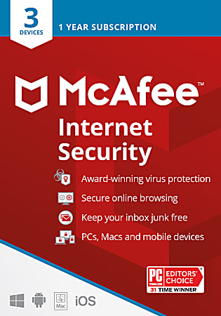 McAfee® Internet Security, For 3 Devices, Antivirus Software, 1-Year Subscription, Product Key