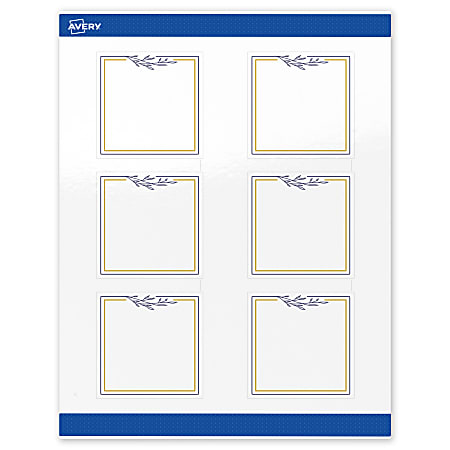 Avery® Print-To-The-Edge Labels & Sure Feed®, S00-DNJ-PRWGP10, 3" x 3", Glossy White, Preprinted Gold & Navy Border & Floral Design, Pack Of 60