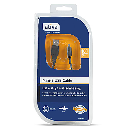 Ativa™ USB A To 4-Pin Mini-B Device Cable, 10', Gray