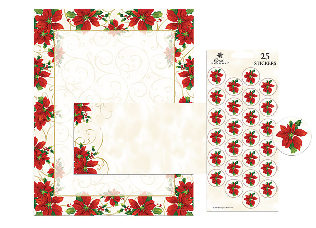 Great Papers! Holiday Stationery Kit, 8 1/2" x 11", Poinsettia Swirl, Set Of 25