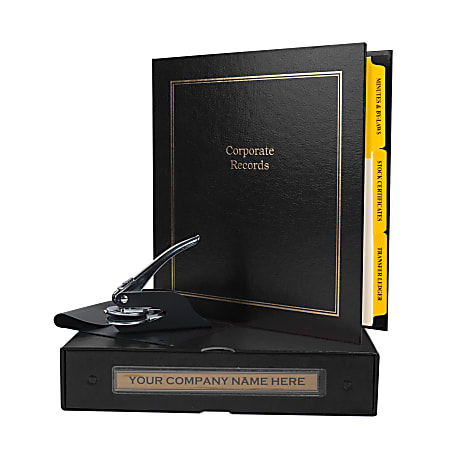 Custom Standard Corporate Kit, 1-1/2" Black Binder, 20 Blue Stock Certificates, 1-5/8" Corporate Seal Embosser