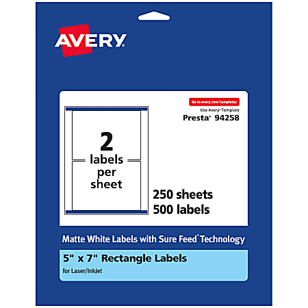 Avery® Permanent Labels With Sure Feed®, 94258-WMP250, Rectangle, 5" x 7", White, Pack Of 500