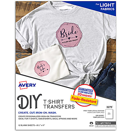 Avery® Inkjet Printer T-Shirt Transfer Paper, 3275, Letter Size (8 1/2" x 11"), Pack Of 12