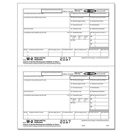 ComplyRight W-2 Inkjet/Laser Tax Forms For 2017, Copy B, 2-Up, 8 1/2" x 11", Pack Of 2,000 Forms