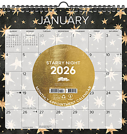 2026-2027 Willow Creek Press Monthly Spiral Wall Calendar, 12" x 12", Starry Night, July 2026 To June 2027, 54758