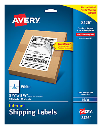 Avery® TrueBlock® Permanent Inkjet Shipping Labels, Internet, 8126, 5 1/2" x 8 1/2", White, Pack Of 50