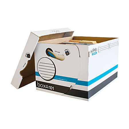 BOXA 101 Storage Box/Tote With Lift-Off Lid, Letter/Legal, 1.2 cu ft, 15" x 12" x 10", White/Blue/Black, Pack Of 10