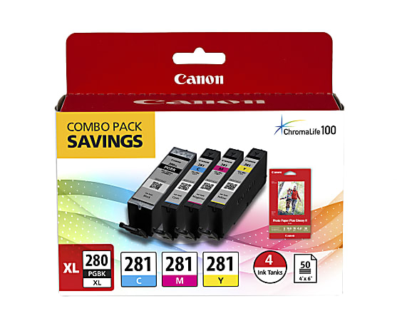 Canon® PGI-280XL/CLI-281 High-Yield Black And Cyan, Magenta, Yellow Ink Tanks And Photo Paper, Pack Of 4