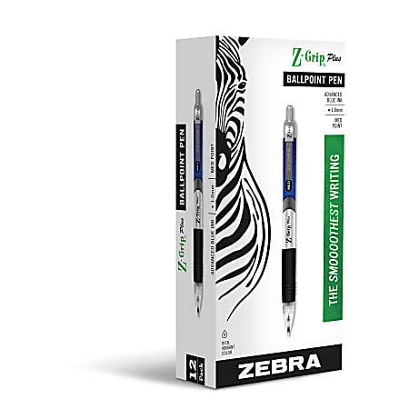 Zebra® Z-Grip™ Plus Retractable Ballpoint Pens, Medium Point, 1.0 mm, Assorted Barrels, Blue Ink, Pack Of 12