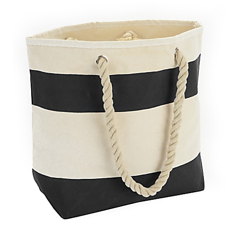 Cotton Tote With Braided Rope Handles, 18"H x 13 1/2"W x 6 1/2"D, Natural/Black Stripes