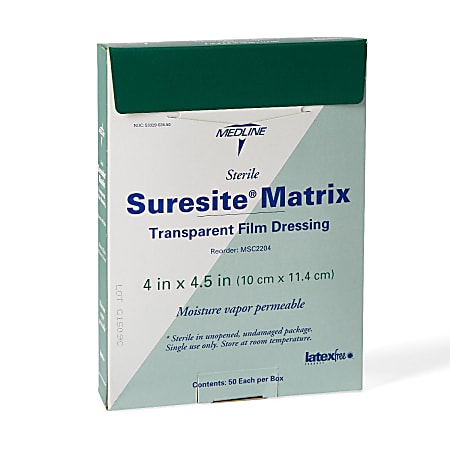 Medline Suresite® Matrix Transparent Film Dressings, 4" x 4 1/2", Clear, Pack Of 50