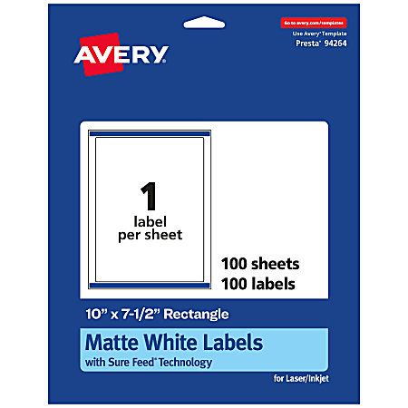 Avery® Permanent Labels With Sure Feed®, 94264-WMP100, Rectangle, 10" x 7-1/2", White, Pack Of 100