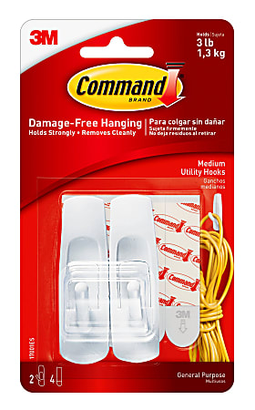 Command Medium Utility Hooks, 2-Command Hooks, 4-Command Strips, Damage-Free, White