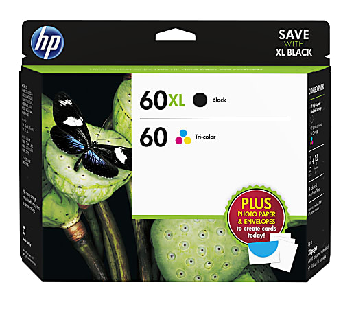 HP 60XL Black/60 Tri-Color High-Yield/Standard Yield Ink Cartridges With Media Kit, Pack Of 2, D8J66FN